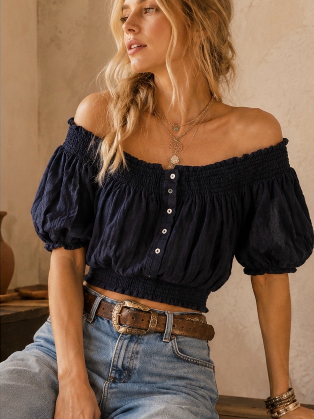 We The Free Off Shoulder Puff Sleeve Crop Top Boho Navy Large